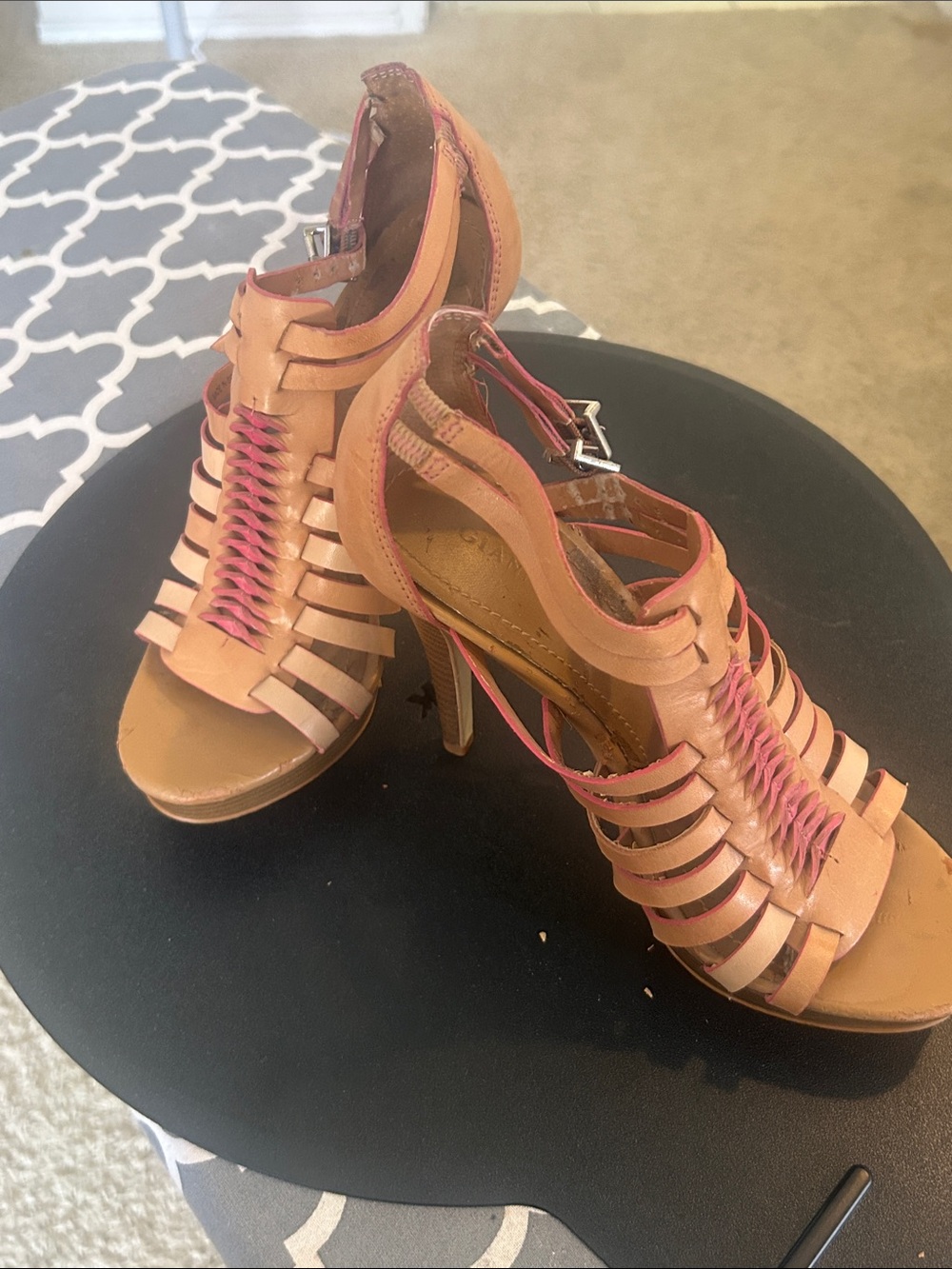 Gianni Bini Strappy High Heel Sandals in Tan and Pink